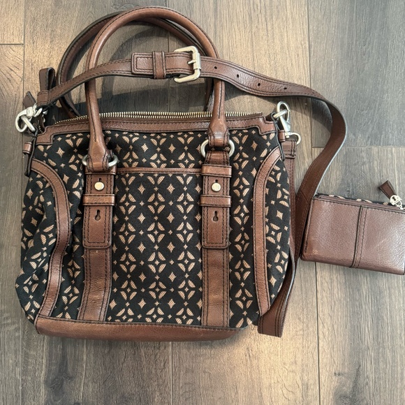 Fossil Maddox Textile Leather Satchel Handbag Purse w/ Matching Wallet - Picture 2 of 4